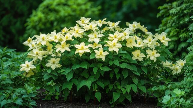Bush of yellow Clematis tangutica with green foliage in natural garden setting. Perfect background for nature, spring, or summer themed designs.