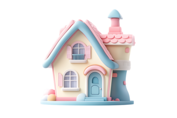 cute pastel-colored cartoon house with a pink roof and windows on a transparent background