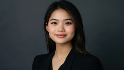 Professional headshot of a young woman.  A smiling Asian woman with long black hair and a black blazer.  Neutral background