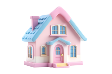 cute pastel-colored cartoon house with a pink roof and windows on a transparent background