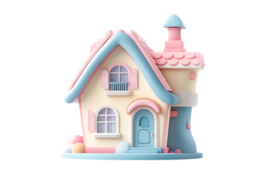 cute pastel-colored cartoon house with a pink roof and windows on a transparent background