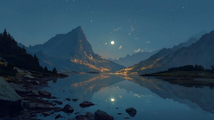 Majestic moonlit mountains reflected in still lake
