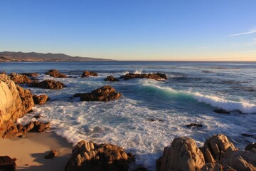 Golden light over rocky coast at sunset
