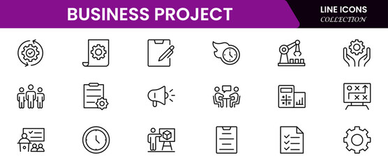 A business set of web icons in a linear style. Business Project icons for web and mobile apps. Business, organisation management, planning, project, startup, marketing, teamwork. Vector illustration