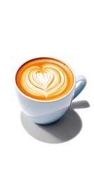 A white mug of coffee with latte art on a white background