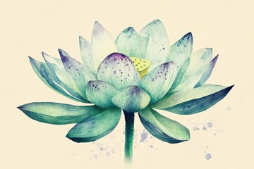 Delicate, teal lotus flower illustration in watercolor style.