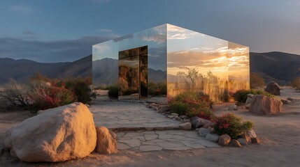 Mirror cube reflects desert sunset beautifully