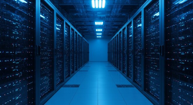 odern data center interior with glowing LED lights and rows of AI servers, captured with a shallow depth of field. Cool blue tones dominate the palette, suggesting technology and energy.