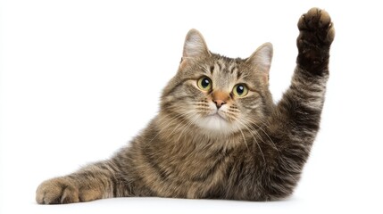 Fototapeta premium Playful Tabby Cat Waving Paw on White