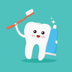 Happy cute cartoon tooth with toothbrush and toothpaste. Cleaning and whitening teeth concept vector illustration