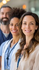 Professional medical team smiling and looking at camera in a modern clinic, suitable for healthcare industry marketing or website background