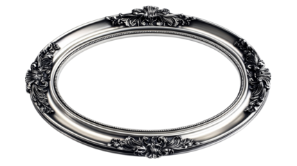 Silver ornate oval frame with elegant floral carvings, cut out transparent