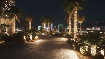 Fototapeta premium Illuminated night pathway through tropical urban landscape