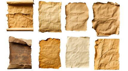 Variety of parchment papers, old aged texture, vintage look, cut out transparent