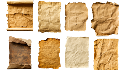 Variety of parchment papers, old aged texture, vintage look, cut out transparent