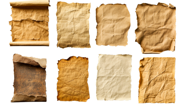Variety of parchment papers, old aged texture, vintage look, cut out transparent