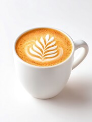 A white mug of coffee with latte art on a white background
