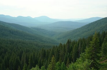 Fototapeta premium Aerial view of a taiga forest with hills and mountains. Rich green coniferous trees cover slopes. Summer seasonal scenic panorama from Valtavaara hill near Kuusamo Finland.