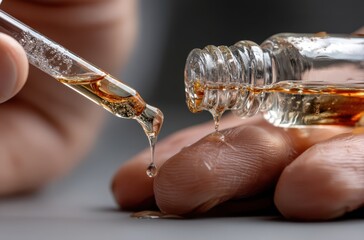 Close-up of Amber Liquid Dropping from Glass Dropper onto Human Hand Skin