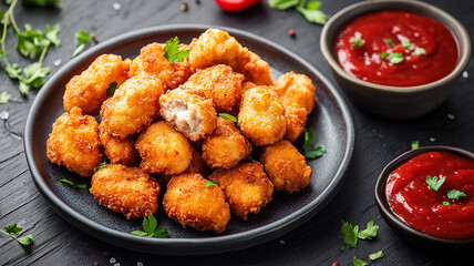 Homemade crispy fried chicken nuggets served with tomato sauce