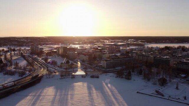 Snow-Covered Tornio Town During Winter In Lapland, Finland. Aerial Drone Shot