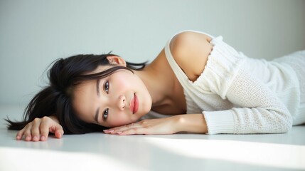 Obraz premium 横になる透明感のある肌のきれいな日本人女性 スキンケア