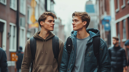 extremely attractive caucasian gay couple, walking in modern city, some other people nearby in the background. lgtbq+ tolerance theme, Diversity theme. Young gay couple or friends together. Every day 