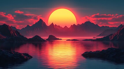 Crimson dusk over tranquil mountain lake