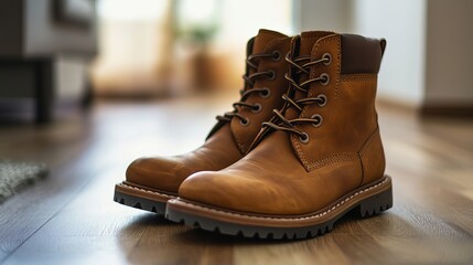 Stylish brown leather boots on wooden floor warm autumn fashion footwear comfortable durable men sole high shoes style women image laces