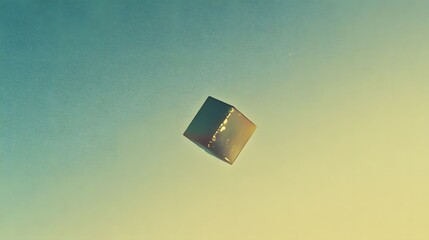 Fototapeta premium Abstract Golden Cube Floating in Pastel Sky