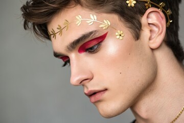 Winged eyeliner trend, Makeup Artistic Beauty Young man with artistic makeup featuring floral designs and bold eye makeup.
