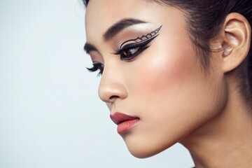 Fototapeta premium Winged eyeliner trend, Makeup Artistic Beauty Elegant profile of a woman showcasing artistic makeup and intricate eyeliner design.