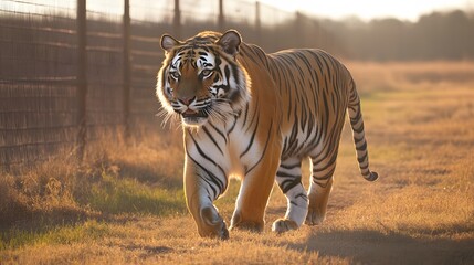 Fototapeta premium Majestic Tiger Walking at Sunset Golden Hour Wildlife