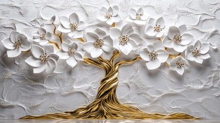 Elegant white floral tree mural on textured wall