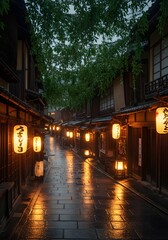 Illuminated Japanese Streetscape: A Tranquil Evening Stroll Through Traditional Architecture with a Sense of Serenity and Charm in Old Town
