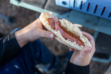 Enjoying a Freshly Made Hot Dog in a Soft Bun Outdoors