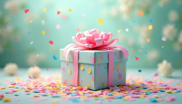 Festive gift box with pink ribbon, confetti, embodies the joy of celebration and surprise. Ideal for birthdays holiday party, concept of giving presents, holiday and party design.