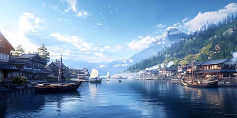 Obraz premium Seaside Life: Boats, Nets, and Wooden Docks