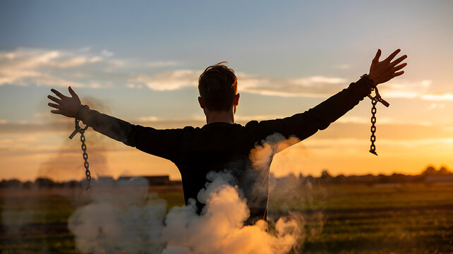 Man breaking free chains sunset hope freedom liberation