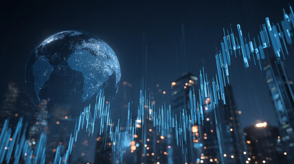 Glowing digital globe with financial graphs overlays cityscape night, symbolizing global economy