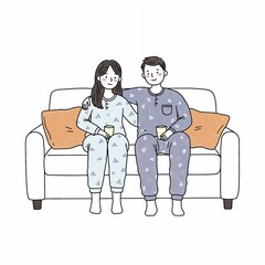 Couple in pajamas enjoying drinks on a cozy couch  