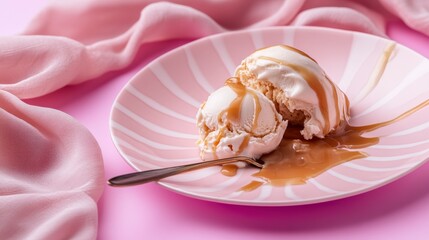 Caramel Ice Cream Delight on a Pink Plate: A Sweet and Elegant Treat