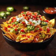 Bowl of loaded nachos with toppings and crispy tortilla chips on display for food advertisement