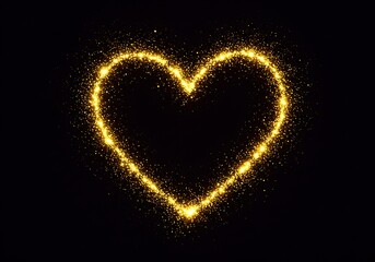 A golden heart shape outlined with sparkling particles on a dark black background creating a love symbol