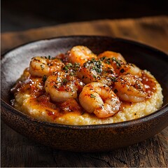 Fototapeta premium Bowl of shrimp and grits with sauteed shrimp and garnish on a wooden table