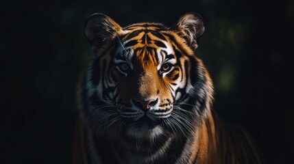 Close-up portrait of a majestic tiger in a dark setting.