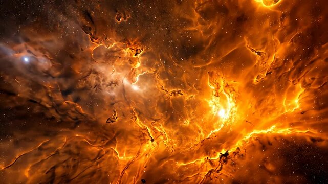 Fiery nebula with swirling clouds of orange and white hues. Ethereal, galactic and radiant space scene