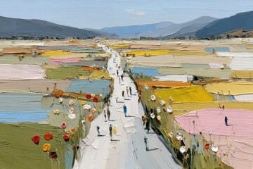 Impasto Painting of Figures Walking on a Road Through a Colorful Landscape with Distant Mountains Under a Blue Sky