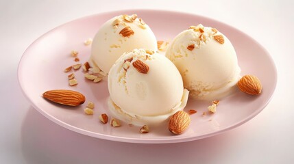 Three Almond Ice Cream Scoops on a Pink Plate - A Delectable Dessert