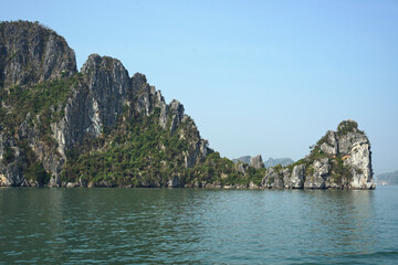 Limestone rock face cliffs of Halong Bay.